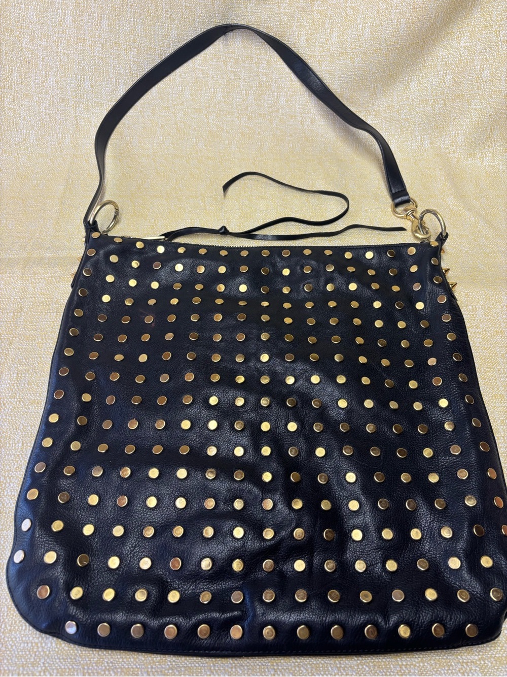 Rebecca Minkoff Black Leather Shoulder Bag with Gold Studs